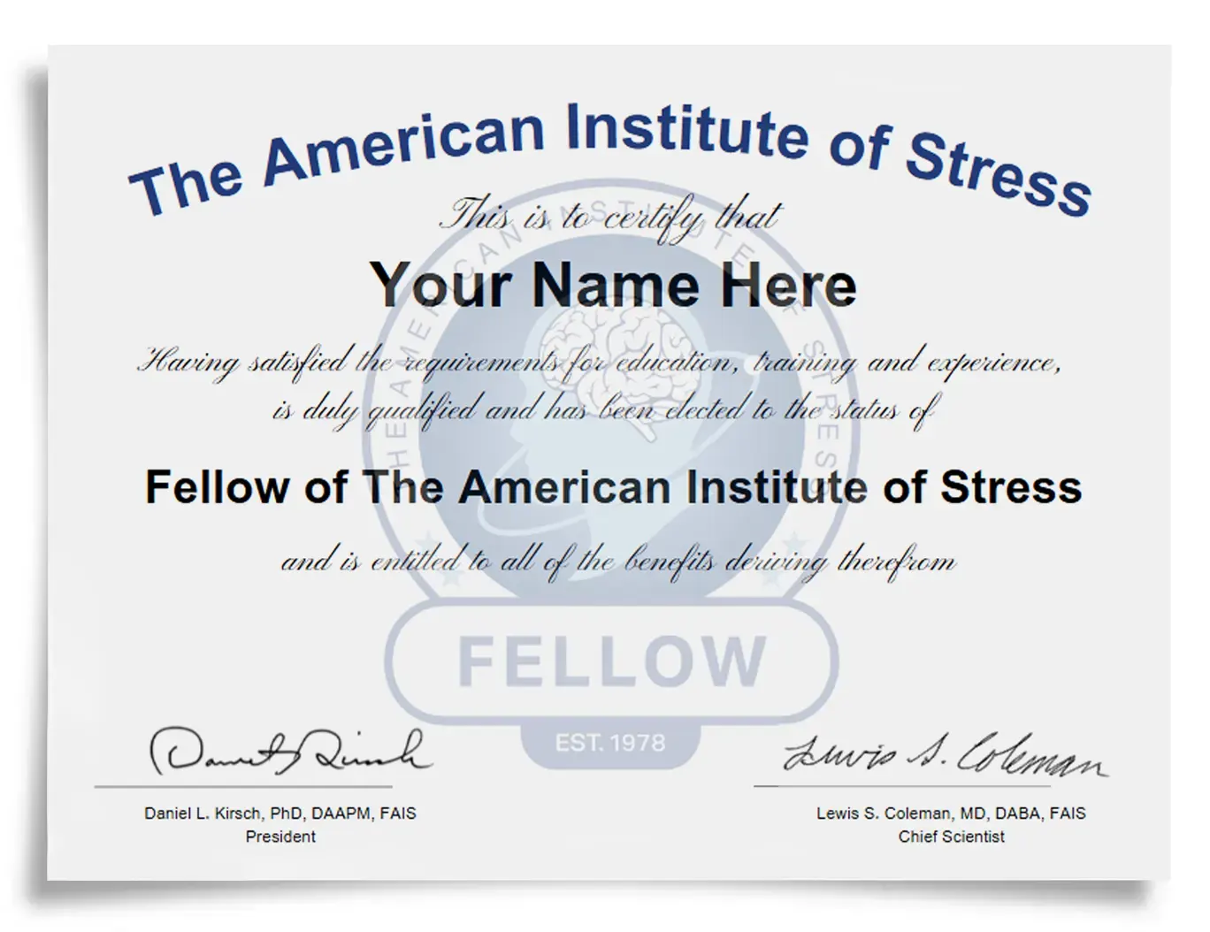 AIS Certificate for a FELLOW membership